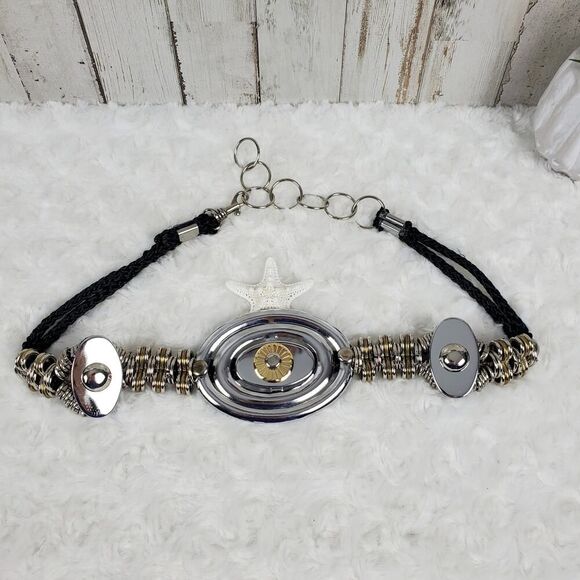 Chunky Metal Disc Link Necklace Silver Black - Picture 2 of 10